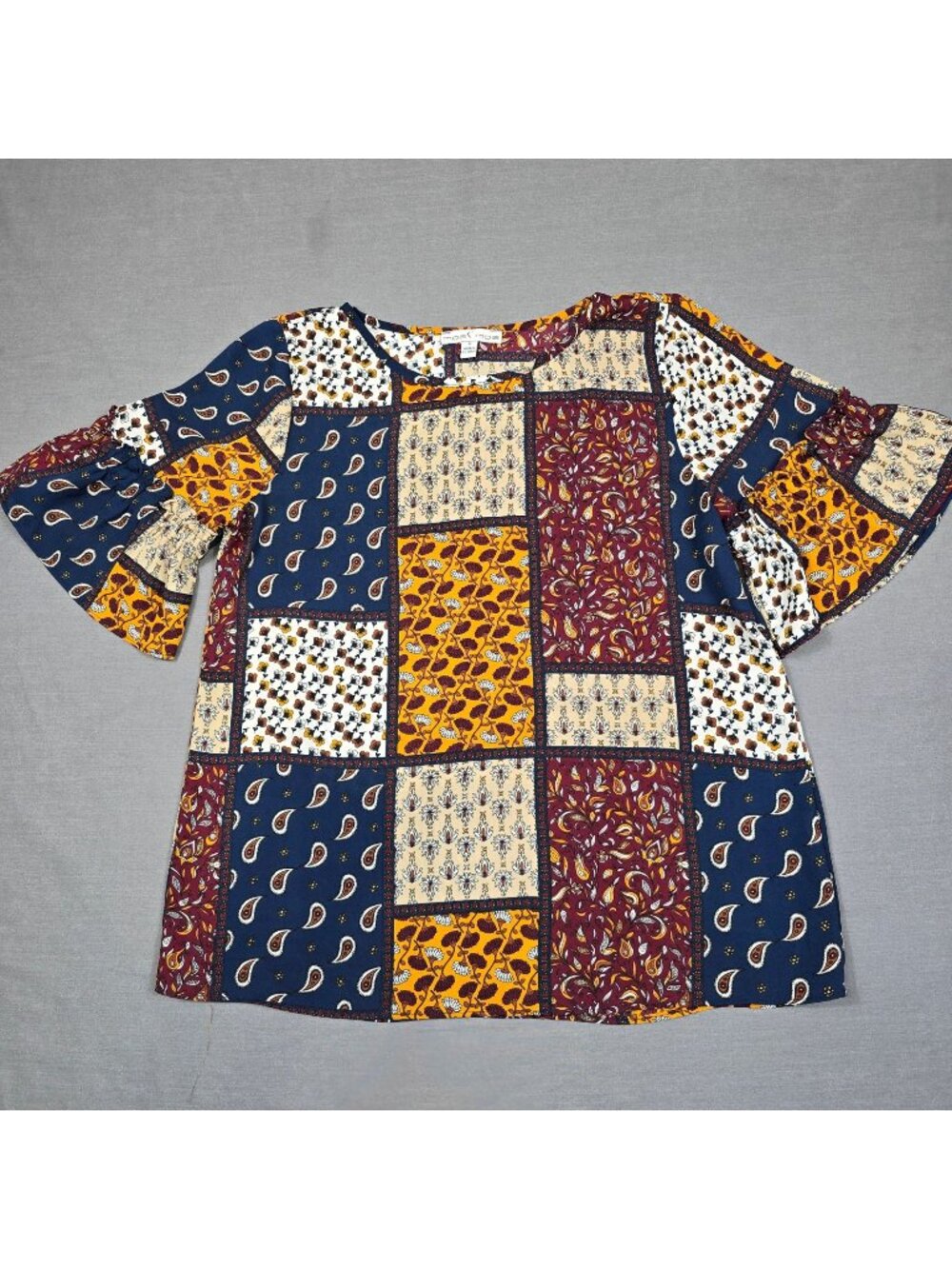 Moa Moa Small Patchwork Print Bell Sleeve Blouse  Multicolor Boho Peasant
